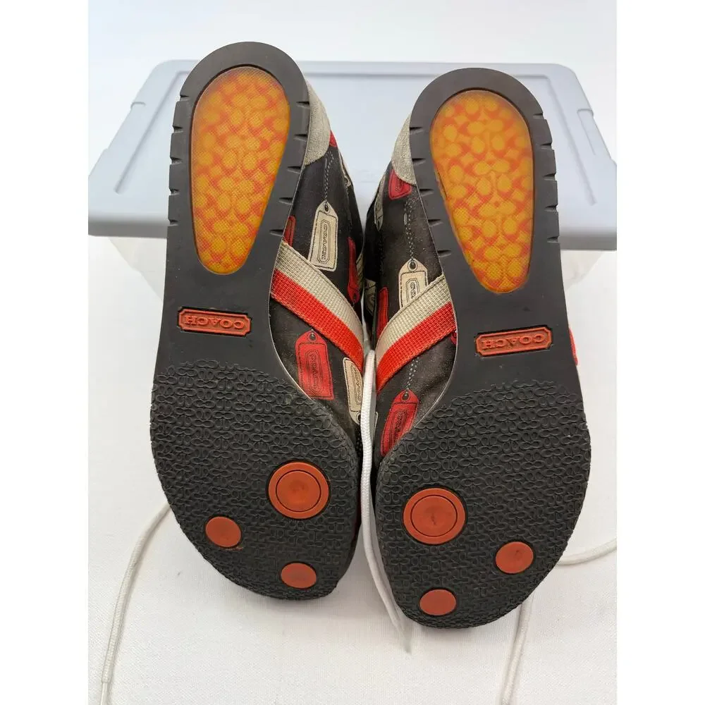 Coach Kate Logo Tag Print Leather Sneakers Size 10M Brown Orange‎ Designer Shoes